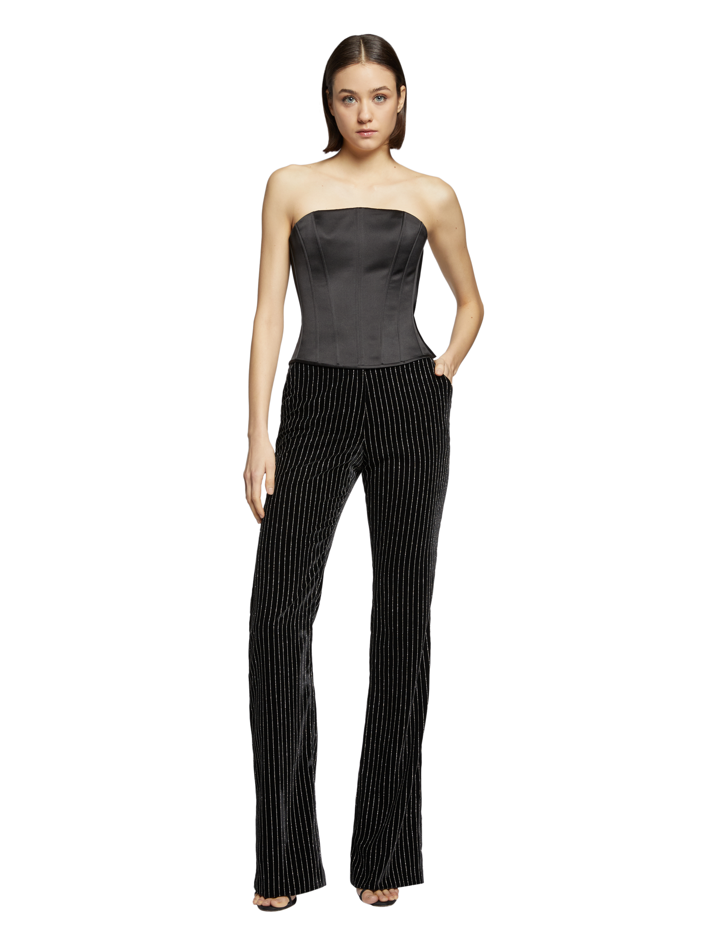 PINSTRIPE VELVET FLARE PANTS