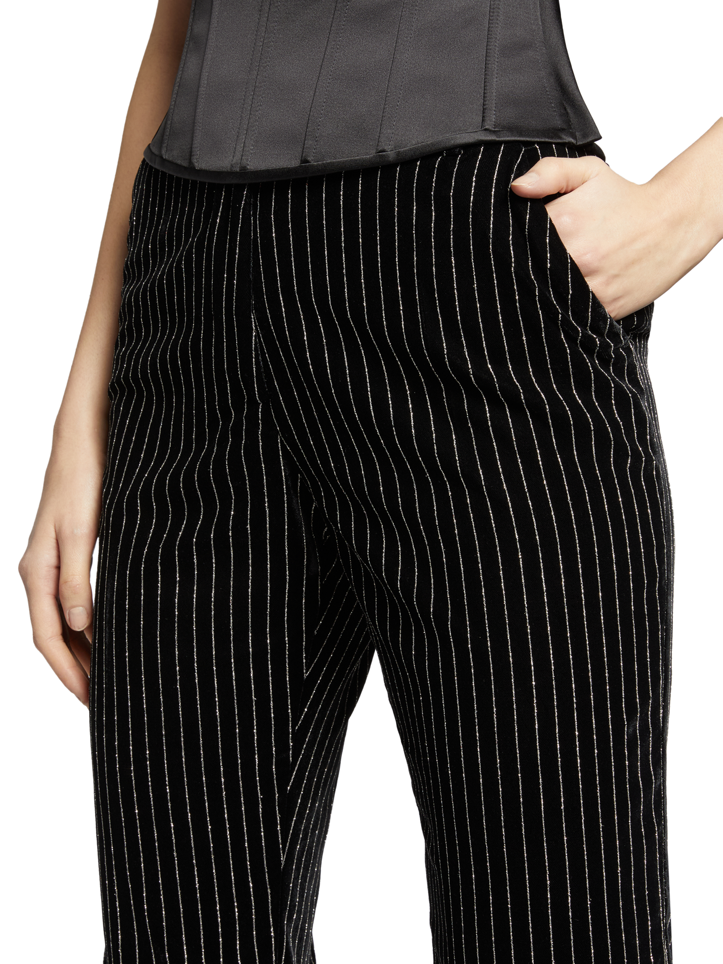 PINSTRIPE VELVET FLARE PANTS