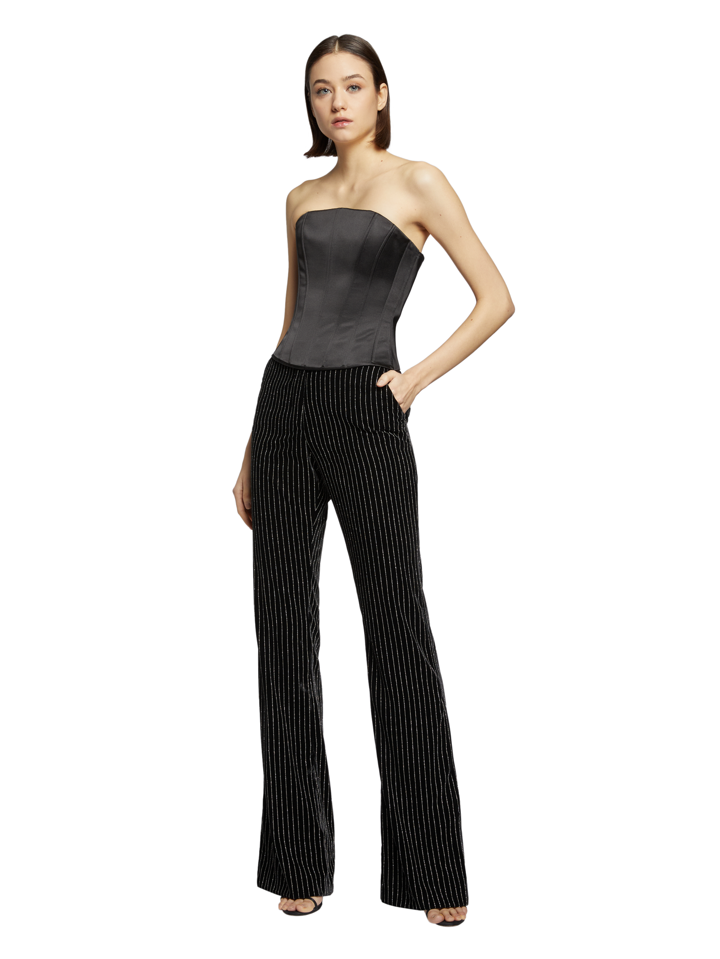 PINSTRIPE VELVET FLARE PANTS