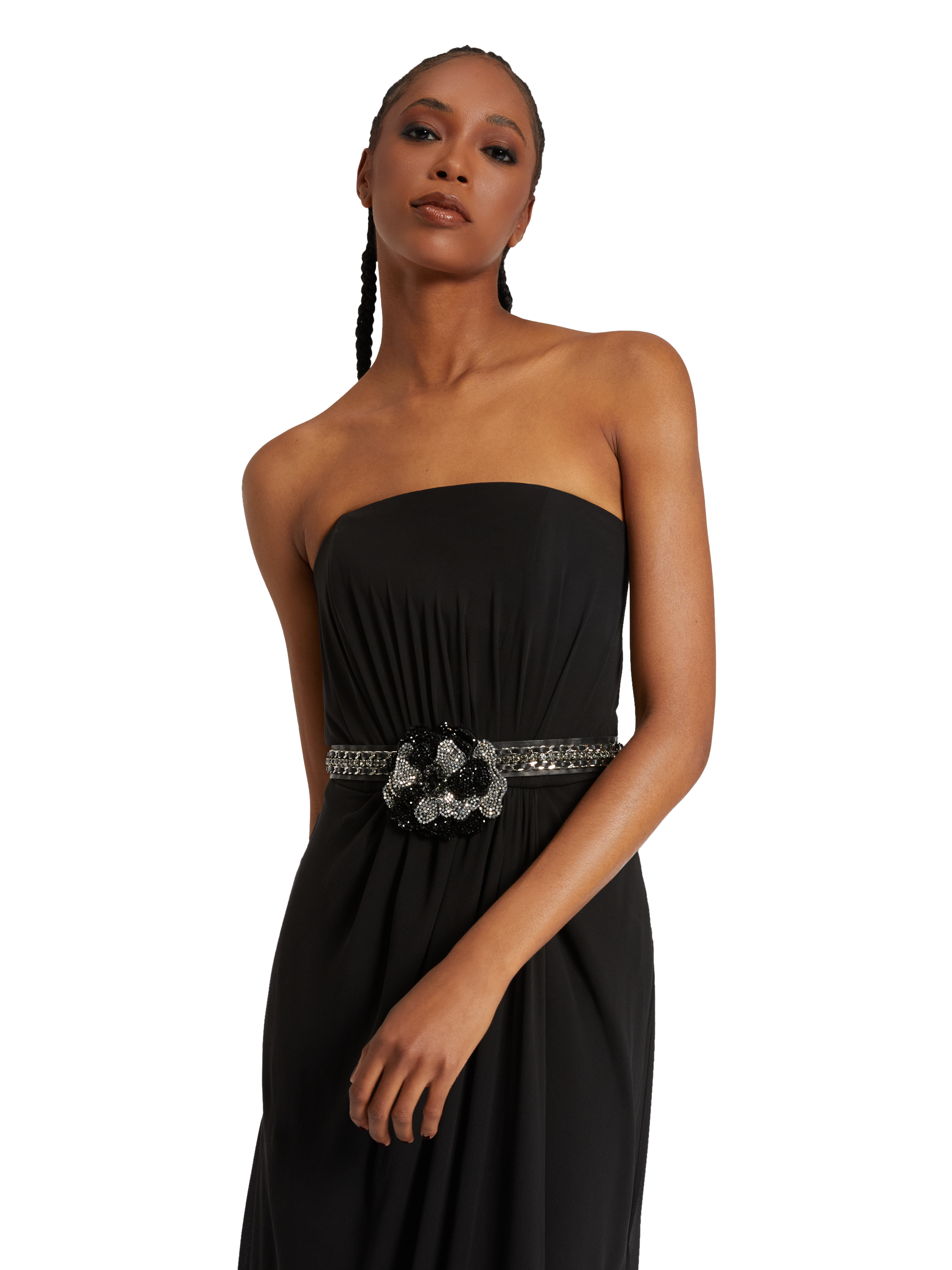 Black long strapless bustier dress in silk georgette – Redemption Official  Store