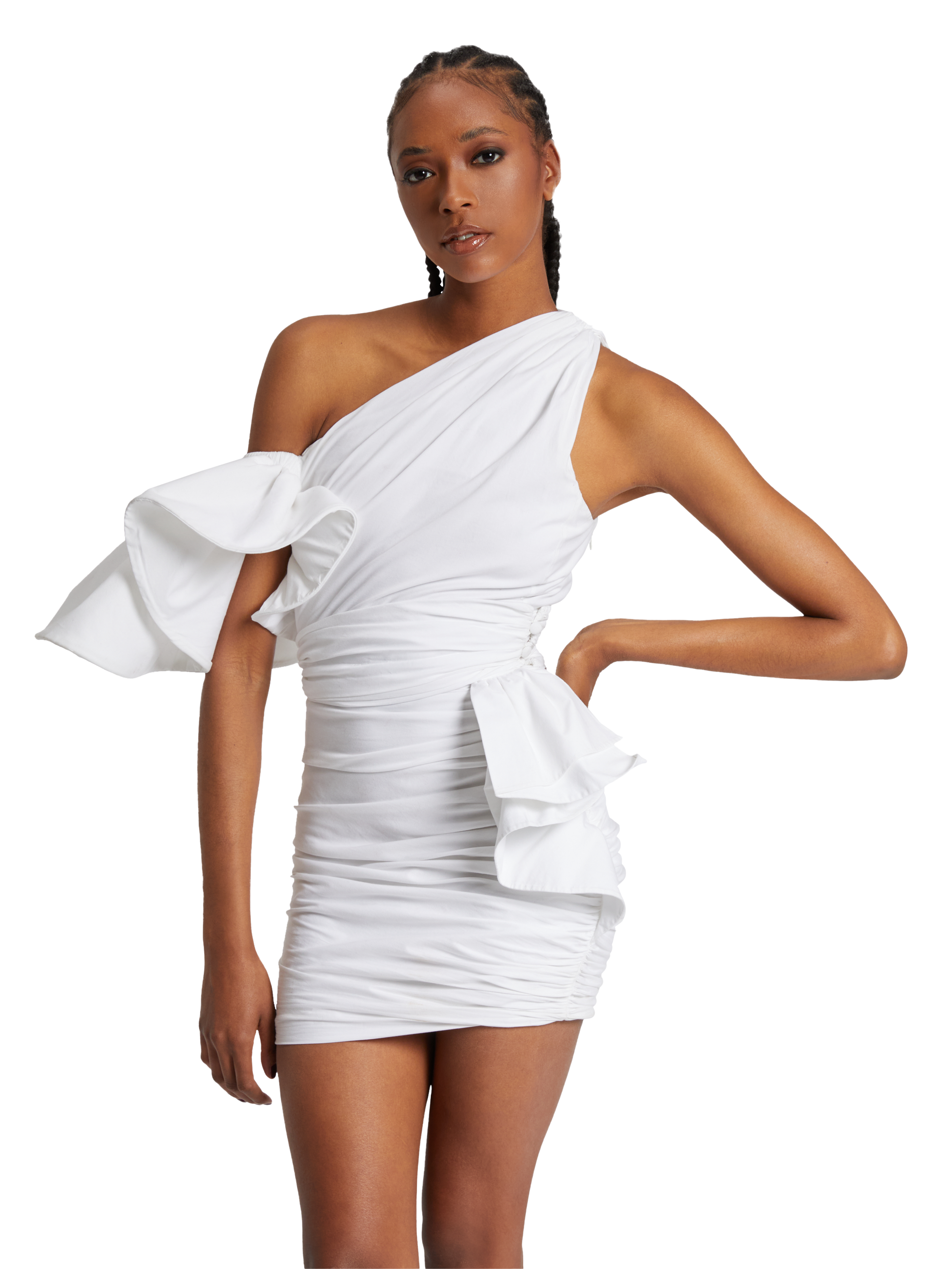 White One Shoulder Ruched Dress