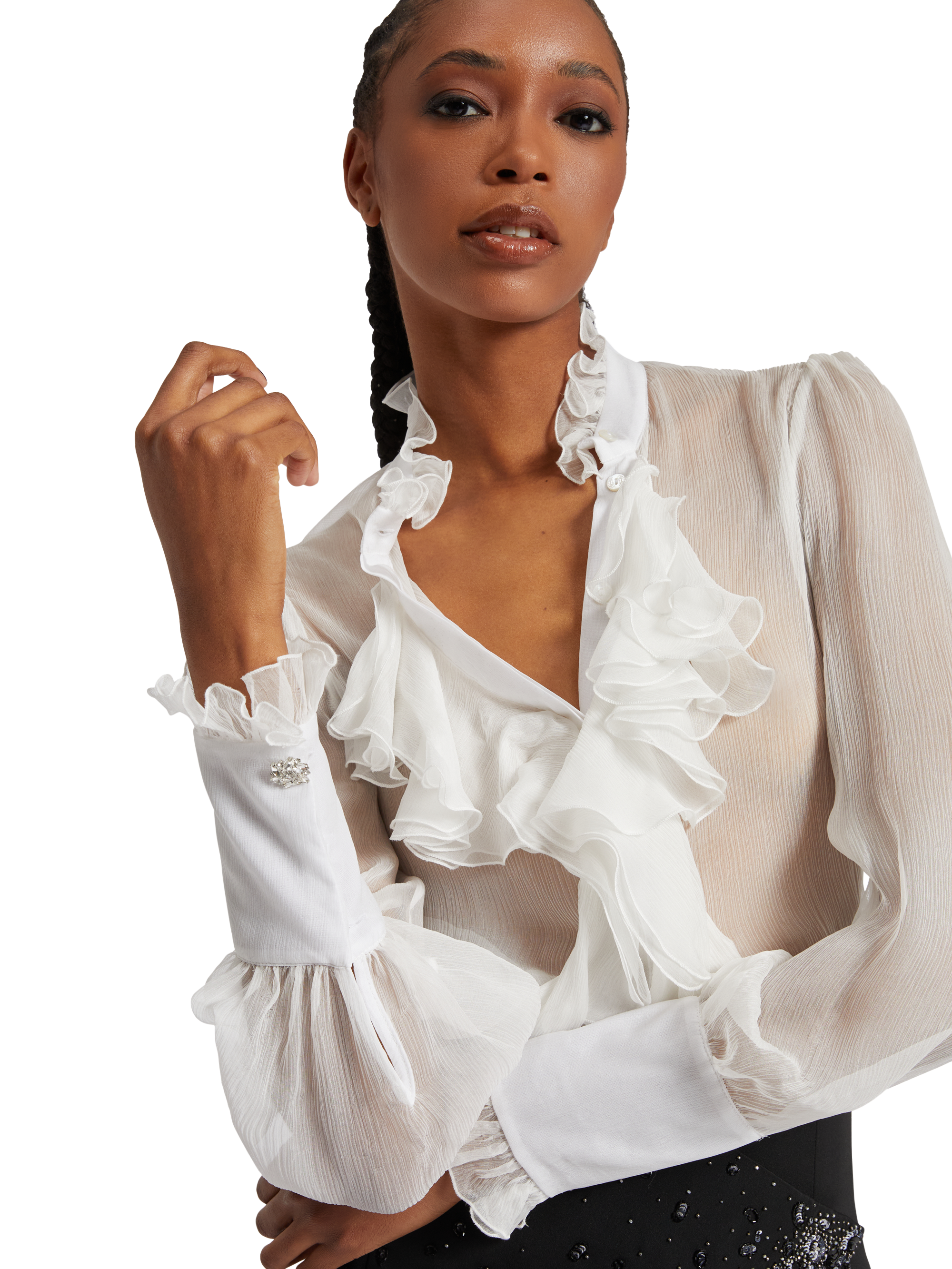 White silk ruffles shirt with jewel buttons – Redemption Official Store